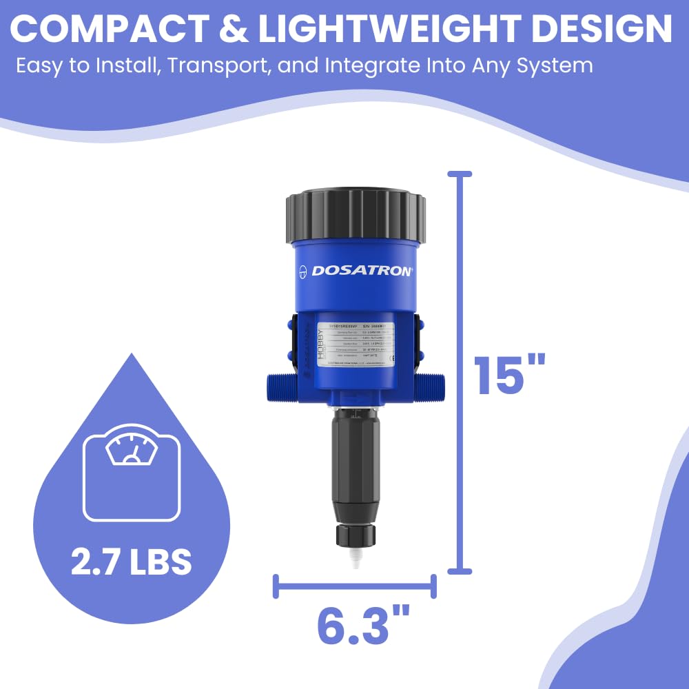 Dosatron D15RE05VF water powered dosing pump for hobby cultivators, featuring a compact design and precise chemical delivery.