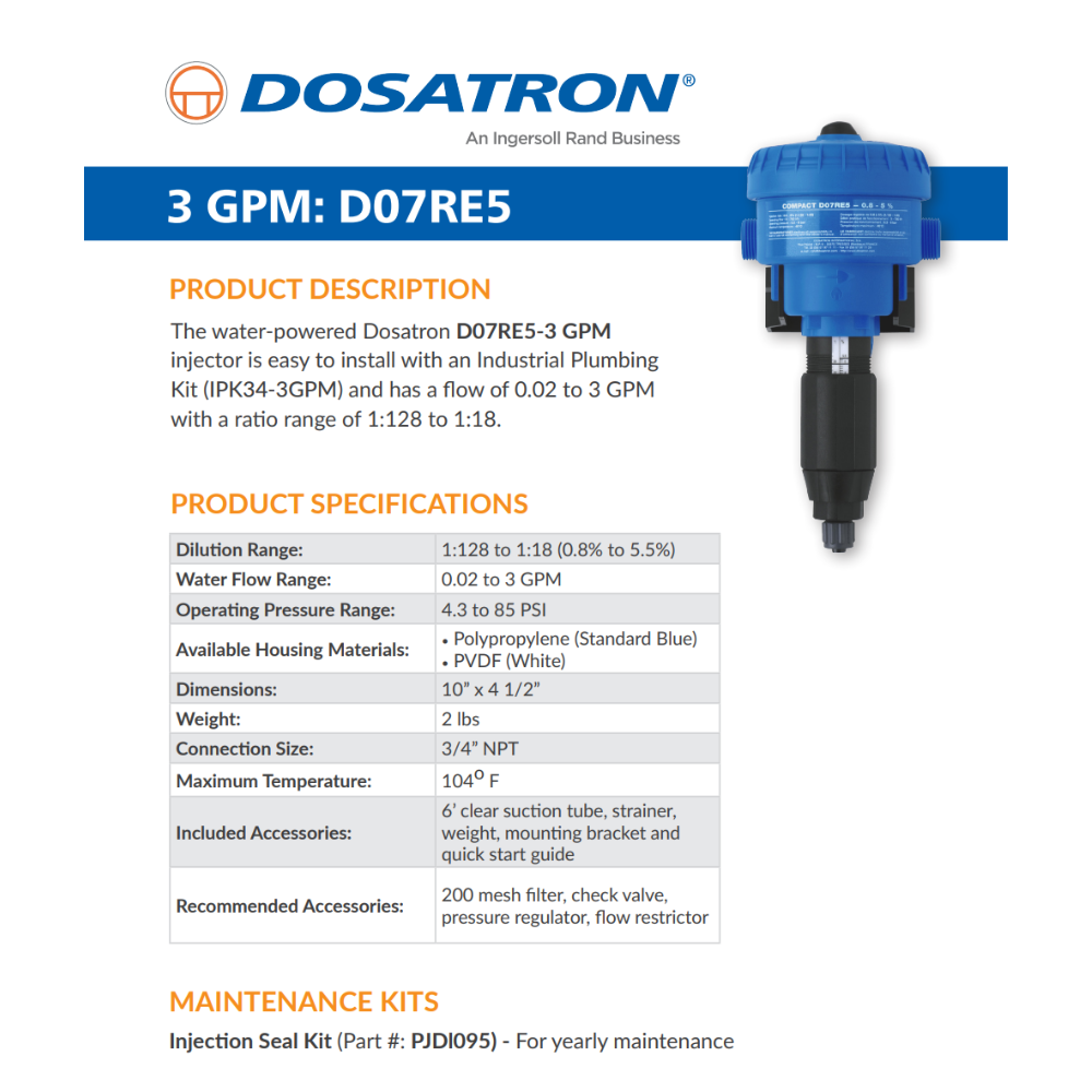 Dosatron D07RE5AF water-powered dosing pump with compact design and adjustable 0.8-5% flow capacity, used for precise chemical dosing