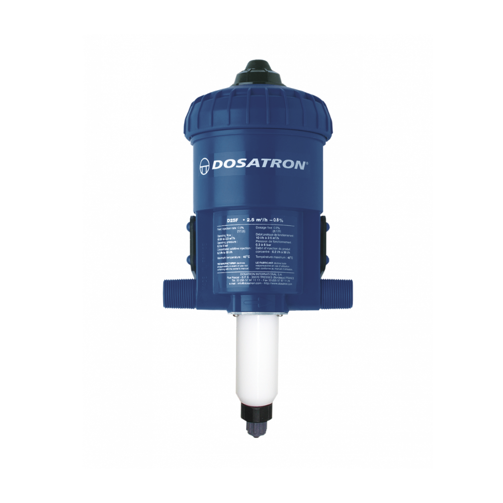 Dosatron D25F1VF water powered dosing pump with standard 1% dosing, featuring compact design and durable construction.