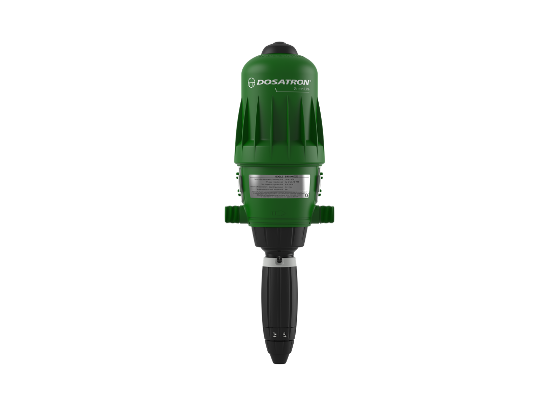 Dosatron Greenline D3GL2VF water-powered dosing pump for precise 0.2–2% chemical injection, with digital controls and durable design.