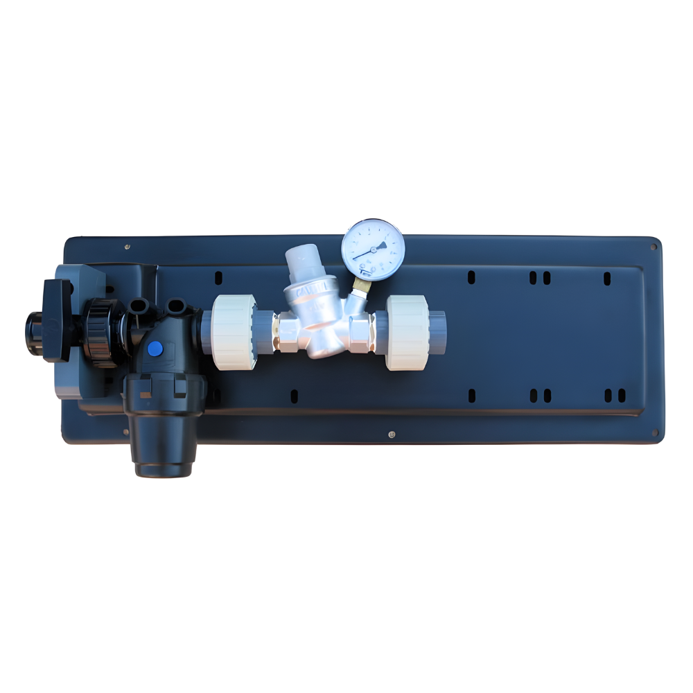 Dosatron DOSAPACK protective kit assembled on wall plate, displayed with hoses and fittings for water treatment systems.