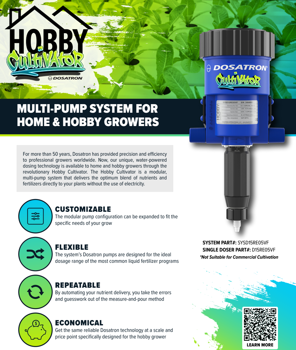 Dosatron D15RE05VF water-powered dosing pump for hobby cultivators, with 0.5% water-powered water dosing technology.