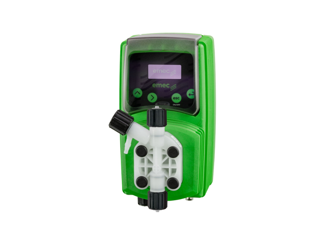 EMEC VMF 07-06 EPDM 12VDC digital wall-mounted electronic chemical dosing pump with control panel and inlet/outlet connections