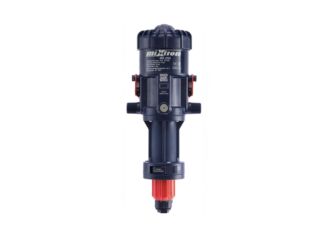 Mixtron MX250-VF water powered dosing pump with 1-10% dosing capacity, shown in a close-up view of the pump unit.