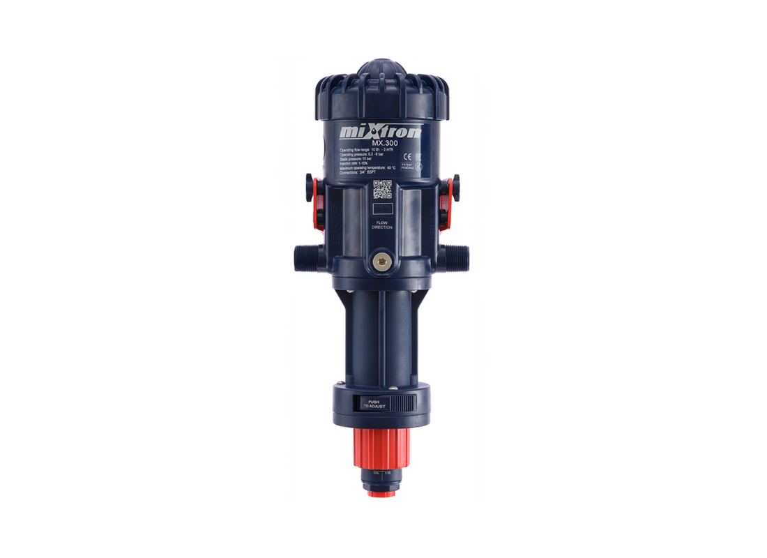 Mixtron MX300-VF water-powered dosing pump showing the compact pump with control panel and inlet/outlet connections.