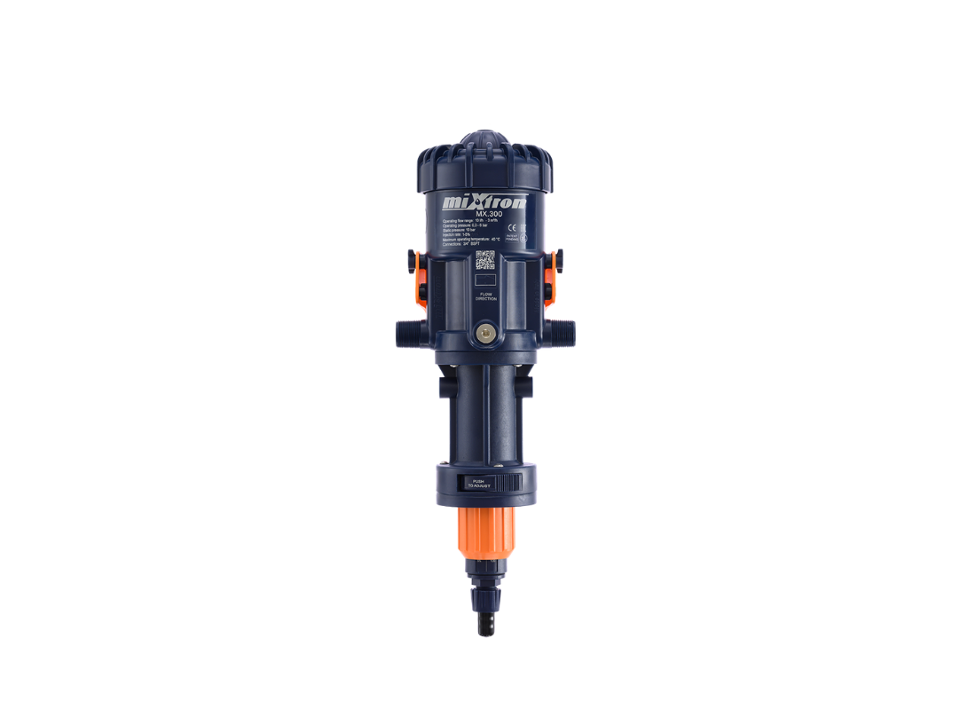 Mixtron MX300-VFX water powered dosing pump showing its compact design and control features for precise fluid dosing.