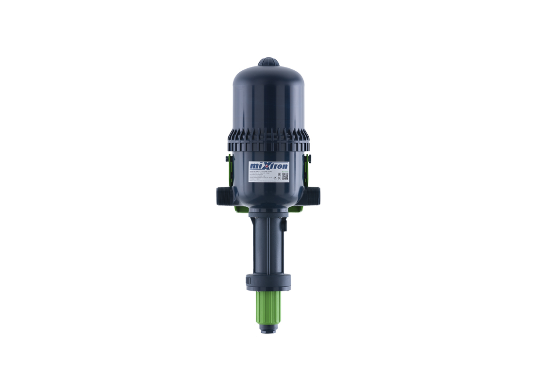 Mixtron MX500-VF water powered dosing pump with adjustable flow rate from 0.2% to 2%, shown in close-up view.
