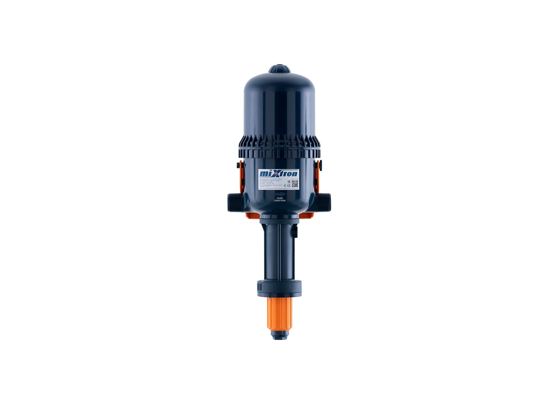 Mixtron MX500-VF water-powered dosing pump showing compact design and control valve for precise liquid dispensing.