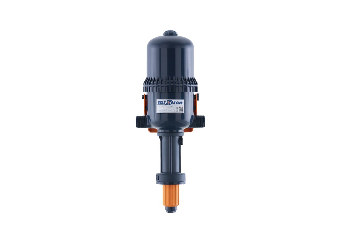 Mixtron MX700-VF water powered dosing pump showing compact design and control valve for precise liquid dosing.