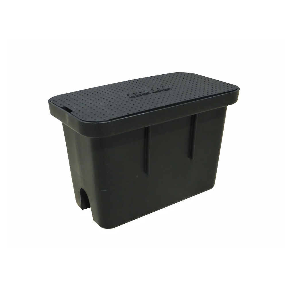 RMC large deep water meter box with black lid, measuring 492mm long, 271mm wide, and 316mm high, for water meter installation