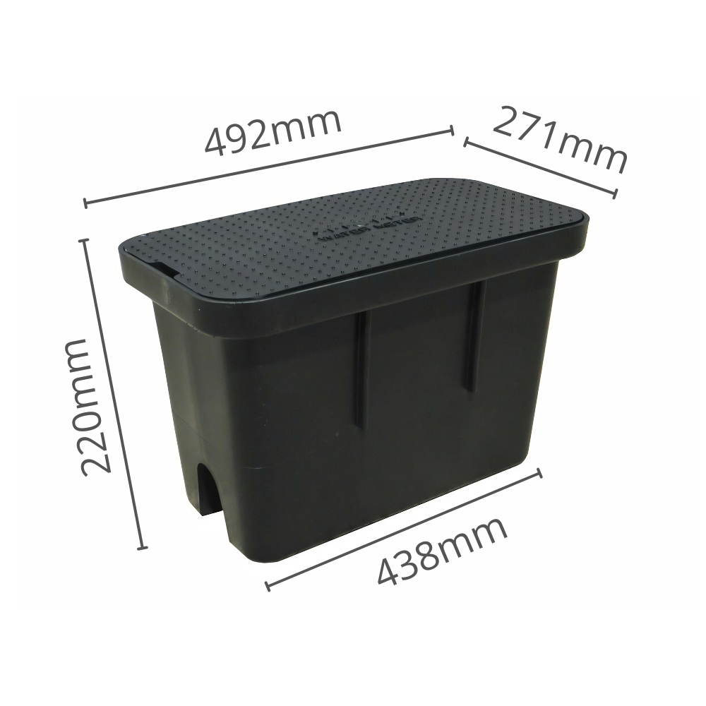 RMC large deep water meter box with black lid, measuring 492mm long, 271mm wide, and 316mm high for water meter installation.