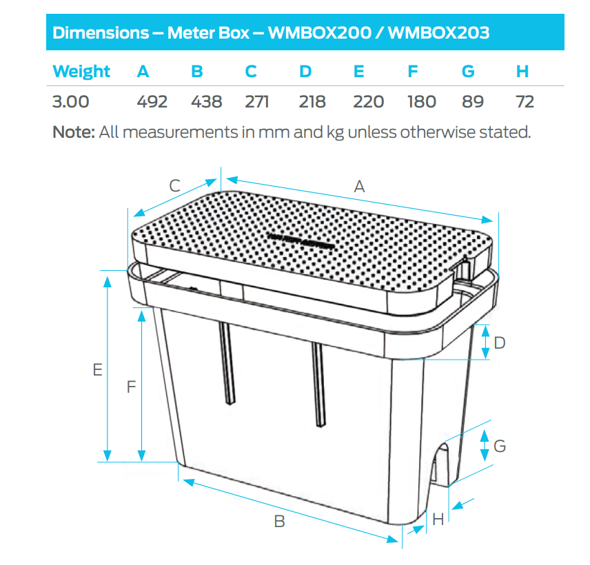 RMC large deep water meter box with black lid, measuring 492mm by 271mm by 316mm, designed for water meter installation.