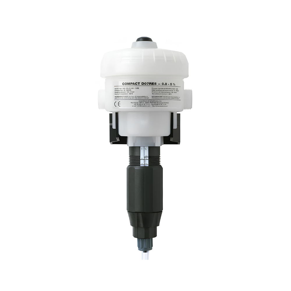 Dosatron D07RE5VF water-powered dosing pump with PVDF body, compact design, ideal for precise chemical dosing applications.