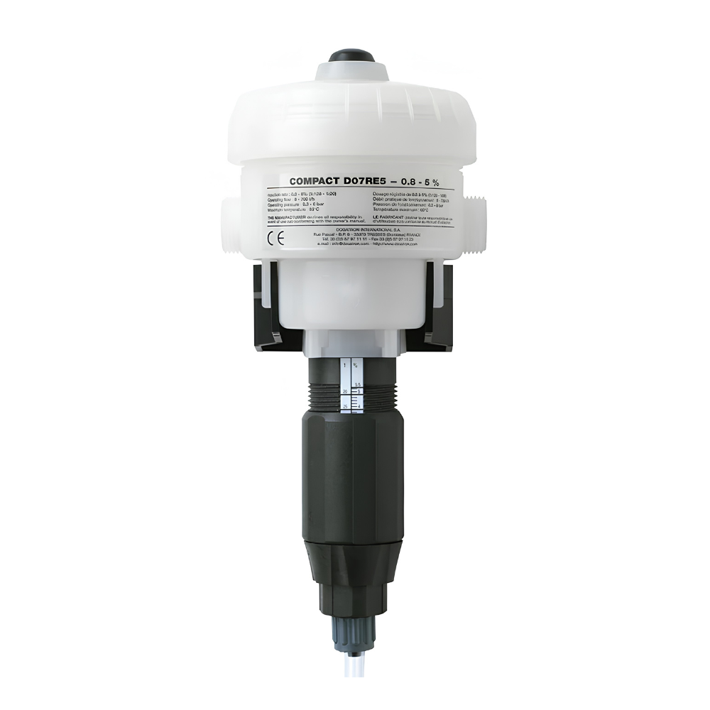 Dosatron D07RE5AF water-powered dosing pump with PVDF body, compact design, used for precise chemical dosing in water systems.