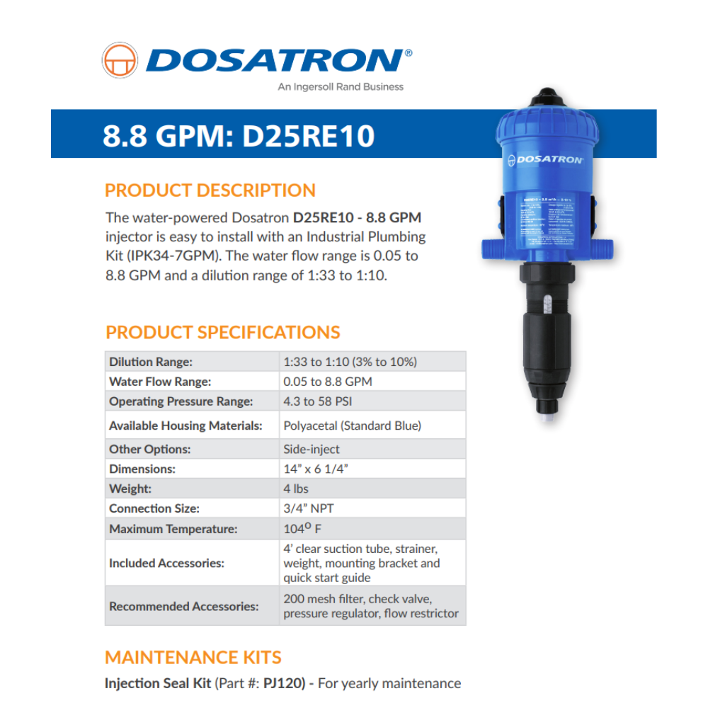 Dosatron D25RE10AF water-powered dosing pump with specifications, showing the pump's compact design and control panel.