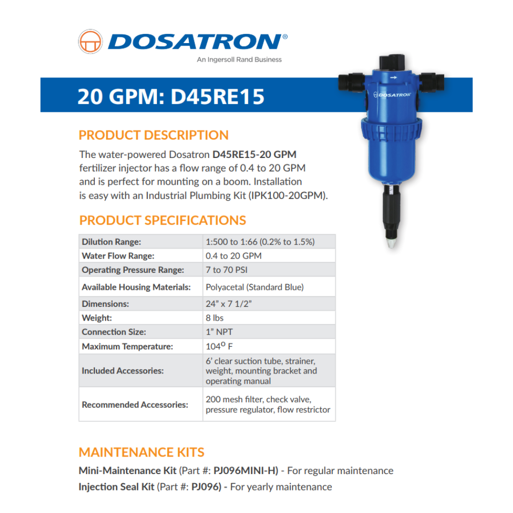 Dosatron D45RE15AF water powered dosing pump with specifications, showing the pump's compact design and control panel.