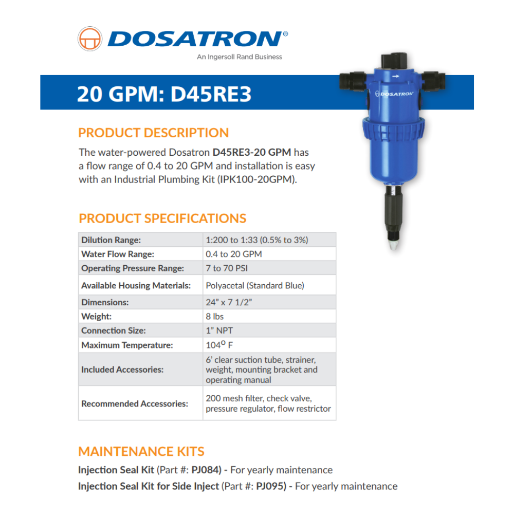 Dosatron D45RE3AF water powered dosing pump with 0.5–3% capacity, shown with specifications and technical details.
