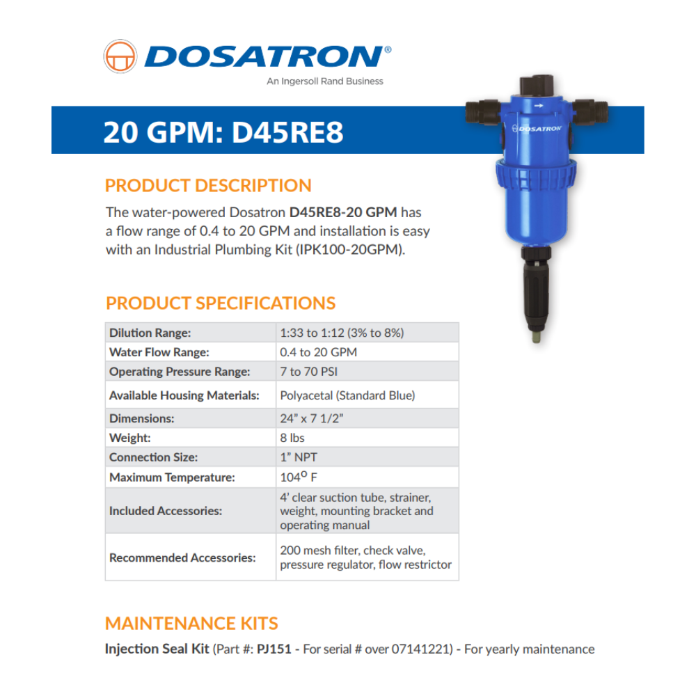Dosatron D45RE8AF water powered dosing pump with 3-8% capacity, featuring detailed specifications and compact design.