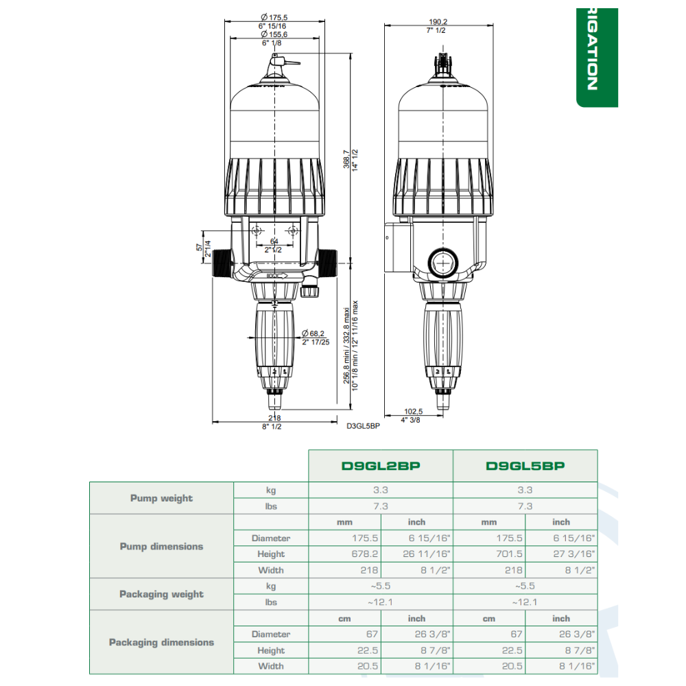 Dosatron D9GL2VF Greenline water powered dosing pump for irrigation, showing dimensions and setup in a detailed diagram.