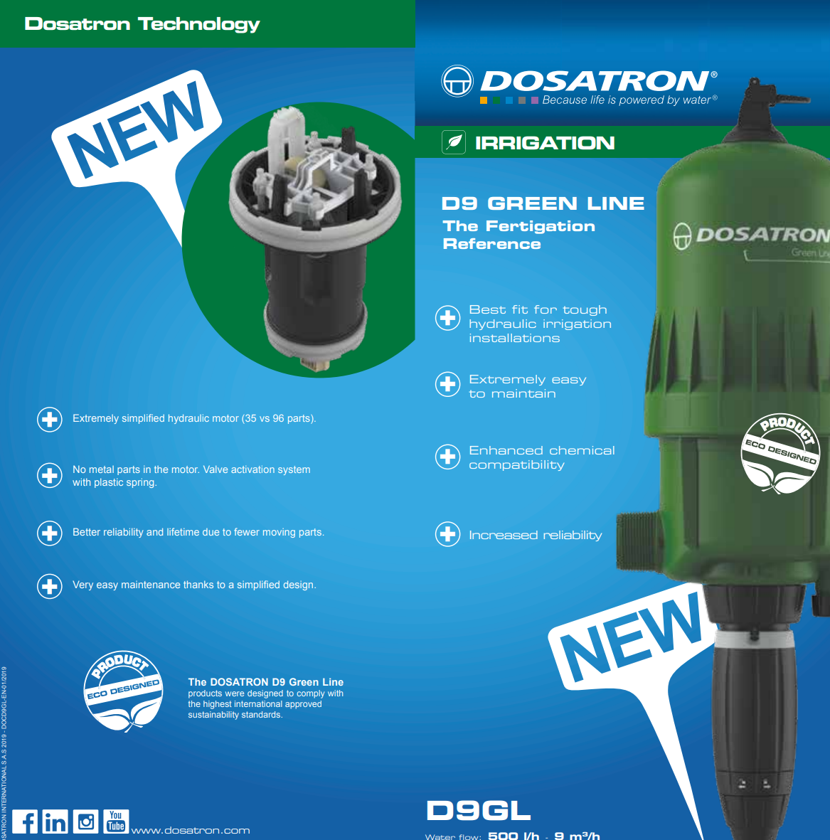 Dosatron D9GL2VF Greenline water-powered dosing pump with adjustable 0.2–2% flow rate, shown with detailed features.
