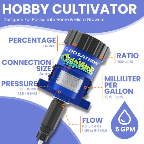 Dosatron D15RE05VF water-powered dosing pump used for hobby cultivation, featuring a compact design and precise water-based dosing.