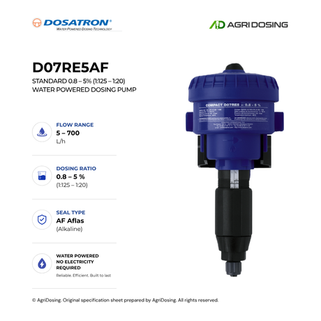 Dosatron D07RE5AF water powered dosing pump with compact design and detailed specifications visible in the image.