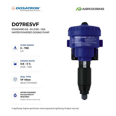 Dosatron D07RE5VF water-powered dosing pump with compact design, 0.8-5% dosing capacity, detailed specifications visible.