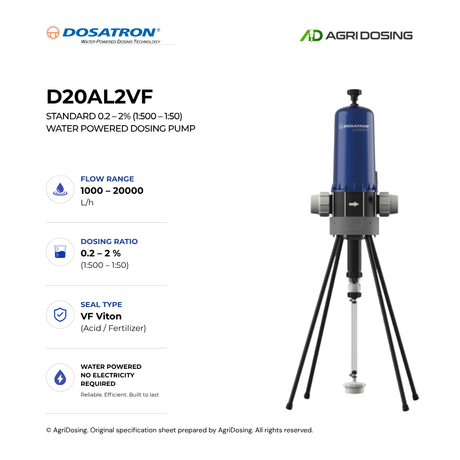 Dosatron D20AL2VF water powered dosing pump with detailed specifications, showcasing its compact design and control features.
