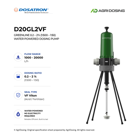 Dosatron D20GL2VF Greenline water-powered dosing pump with digital controls and green design for precise chemical dosing.