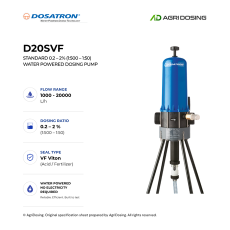 Dosatron D20SVF water-powered dosing pump with detailed specifications, showcasing its compact design and control components.