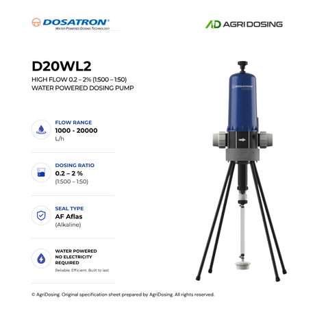 Dosatron D20WL2 high flow water-powered dosing pump with detailed specifications, featuring a compact design and control panel.