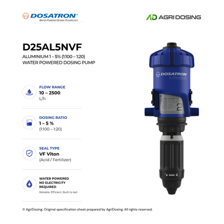 Dosatron D25AL5NVF animal water powered dosing pump with detailed specifications, showing compact design and control components.