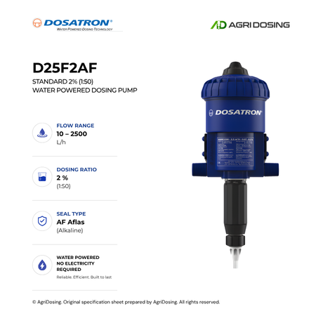 Dosatron D25F2AF water powered dosing pump with detailed specifications, showcasing the pump's components and design features.