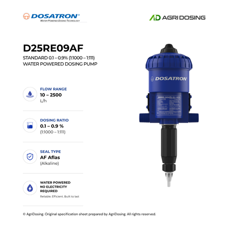 Water powered Dosatron D25RE09AF dosing pump with detailed specifications, showcasing its compact design and control components.