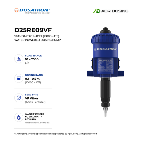 Dosatron D25RE09VF water powered dosing pump with detailed specifications, featuring a compact design and control panel.