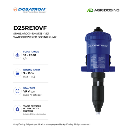 Dosatron D25RE10VF water powered dosing pump with detailed specifications, showcasing its compact design and control panel.