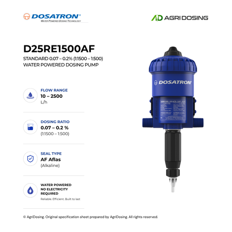 Dosatron D25RE1500AF water-powered dosing pump with detailed specifications, showcasing its compact design and control panel.