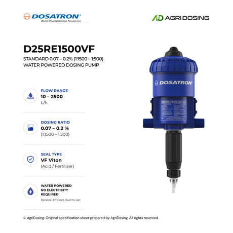 Dosatron D25RE1500VF water-powered dosing pump with detailed specifications, showcasing its compact design and control valve.