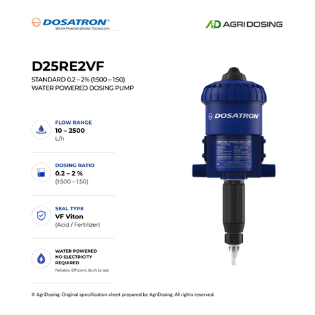 Dosatron D25RE2VF water powered dosing pump with detailed specifications, featuring a compact design and control panel.
