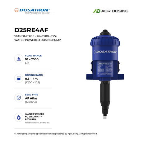 Dosatron D25RE4AF water powered dosing pump with detailed specifications, showing the pump's compact design and control panel.