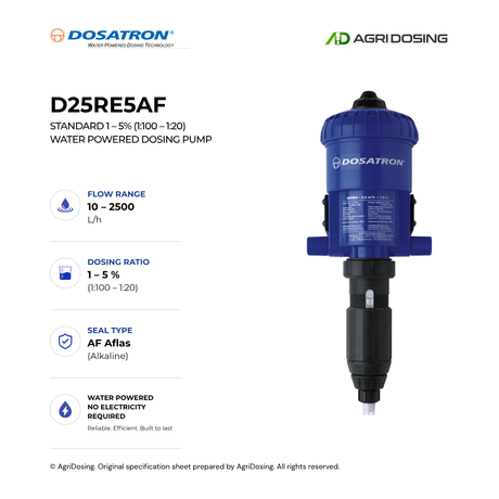 Dosatron D25RE5AF water powered dosing pump with detailed specifications, showing its compact design and control panel.