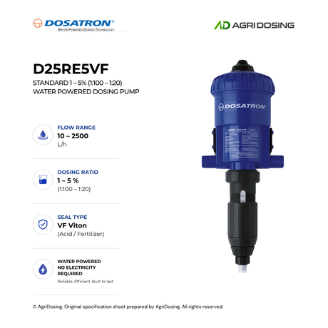 Dosatron D25RE5VF water powered dosing pump with detailed specifications, showcasing its compact design and control components.