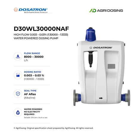 Dosatron D30WL30000NAF high flow water-powered dosing pump with detailed specifications, showing control panel and connection ports.