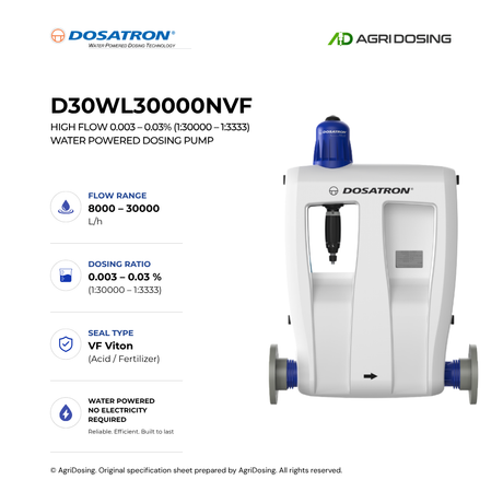 Dosatron D30WL30000NVF water powered dosing pump showing detailed specifications and component connections.