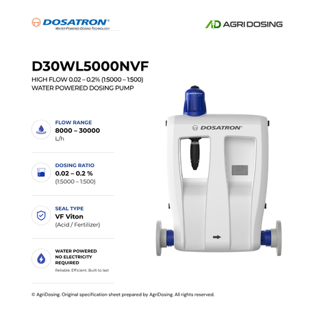 Dosatron D30WL5000NVF high flow water-powered dosing pump with detailed specifications, showing control panel and connection ports.