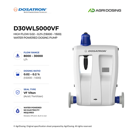 Dosatron D30WL5000VF high flow water-powered dosing pump with detailed specifications and components.
