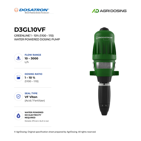 Dosatron D3GL10VF Greenline water-powered dosing pump with detailed specifications, featuring a compact design and control panel.