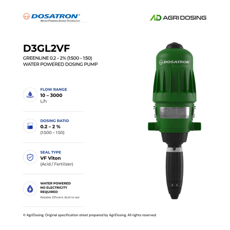 Dosatron D3GL2VF Greenline water powered dosing pump with detailed specifications, showing pump components and control panel.