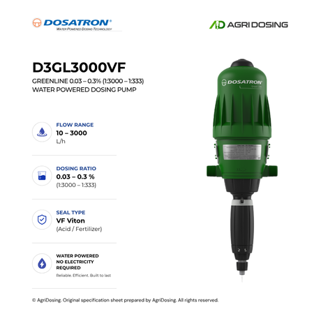 Dosatron D3GL3000VF Greenline water-powered dosing pump with detailed specifications and green design for precise chemical dosing.