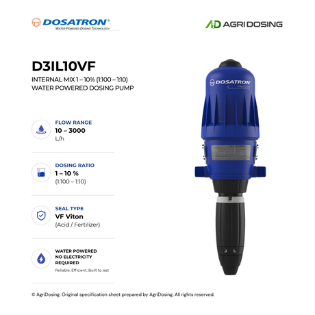 Dosatron D3IL10VF water powered dosing pump with internal mix, 1-10% flow rate, detailed specifications visible in the image.